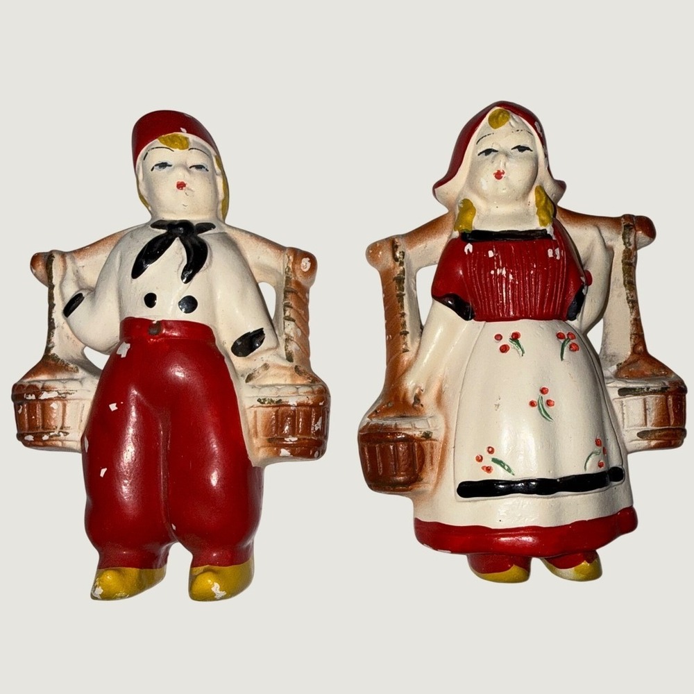 Vintage Dutch Boy and Girl Chalkware Wall Plaque Set Red White Mid Century Decor